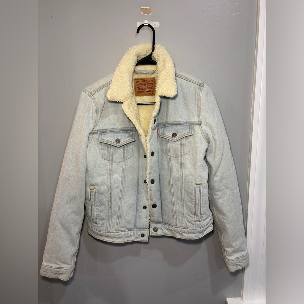 NWOT Levi's Womens Stone Button Down Sherpa Denim Leather Trucker Jacket Small